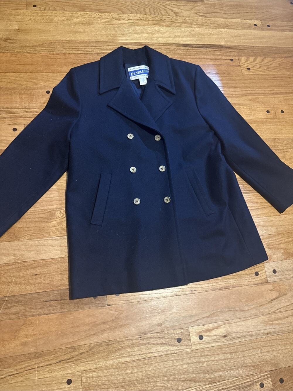 VTG Pendleton Virgin Wool Coat Womens 12 Navy Gold Buttons Lined USA MadeSA